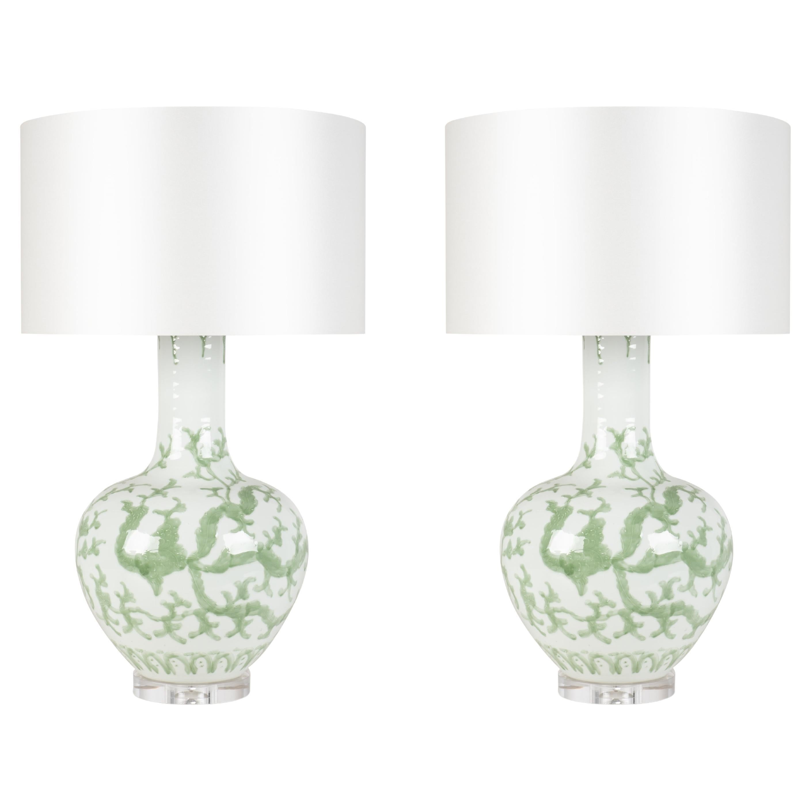 Set/2 Modern Table Lamps, Porcelain Base, Satin Lampshade, Handmade Greenapple