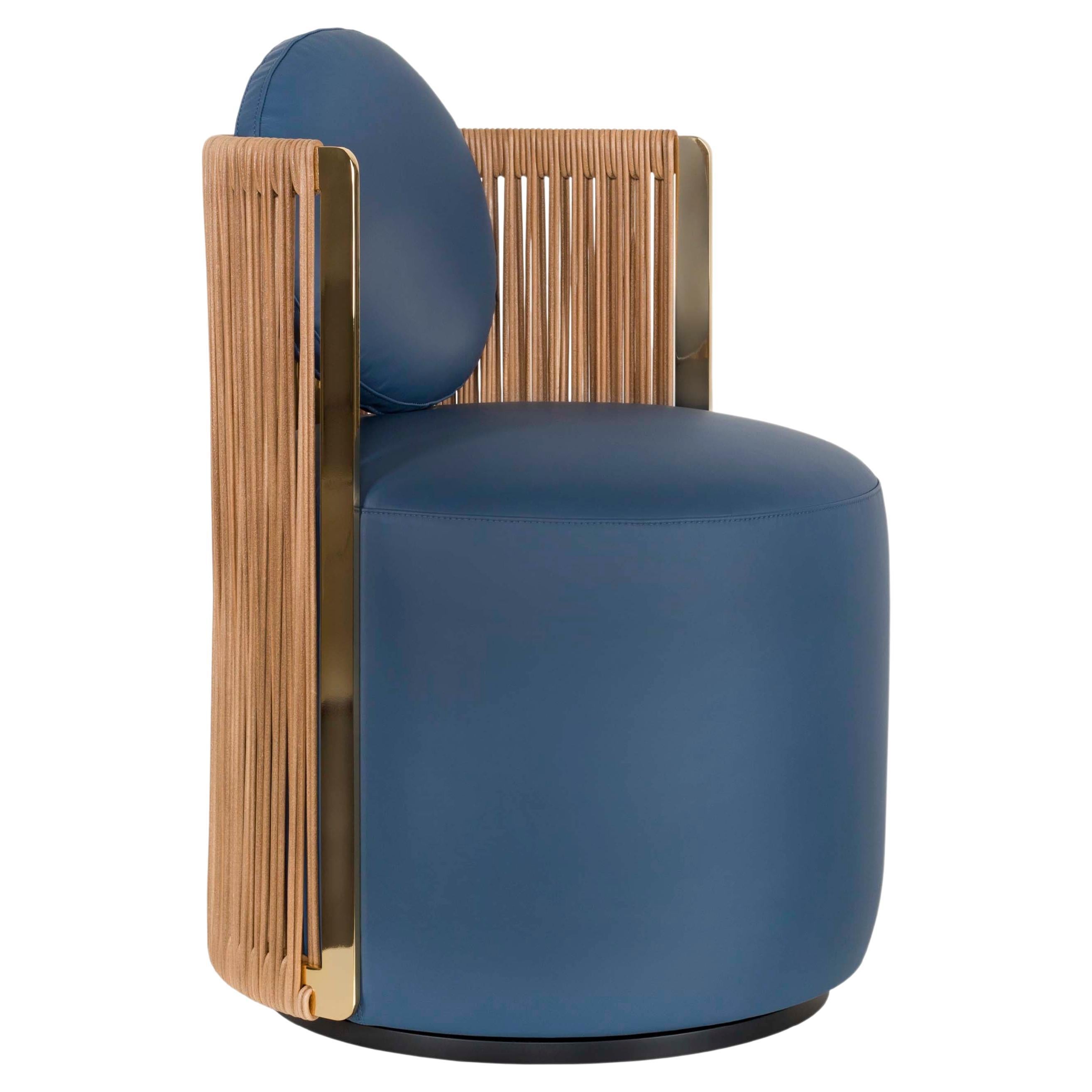Set/2 Modern Thea Armchair Natural and Blue Leather Handmade in Italy by Fendi For Sale