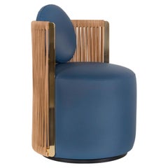 Set/2 Modern Thea Armchair Natural and Blue Leather Handmade in Italy by Fendi