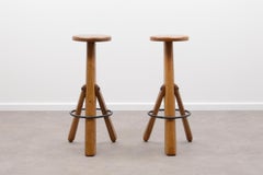 Set '2' Oak Brutalist Bar Stools, 70s