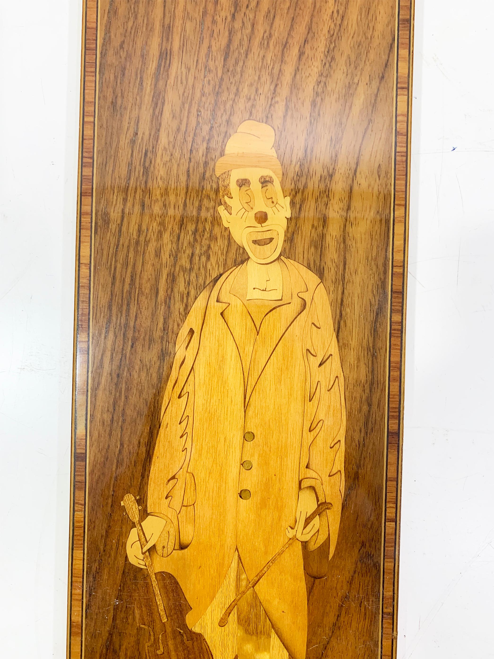 Art Deco Set 2 of 3 Vintage Italian Marquetry Wood Inlay Musician Clowns Panels Stamped  For Sale