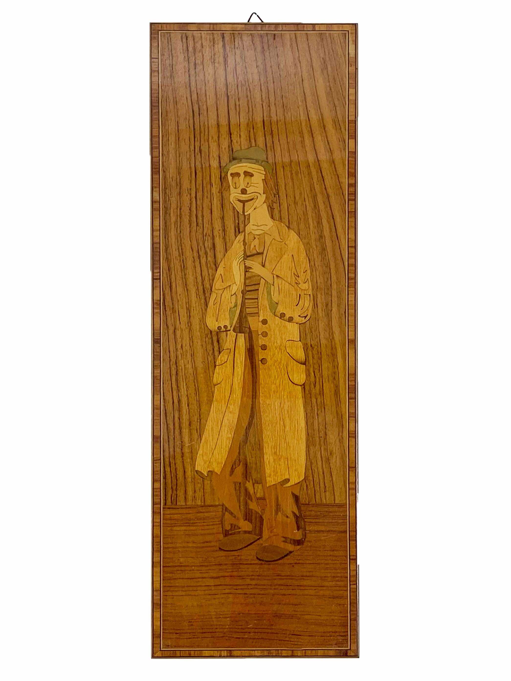 Incrusté Set 2 of 3 Vintage Italian Marquetry Wood Inlay Musician Clowns Panels Stamped  en vente