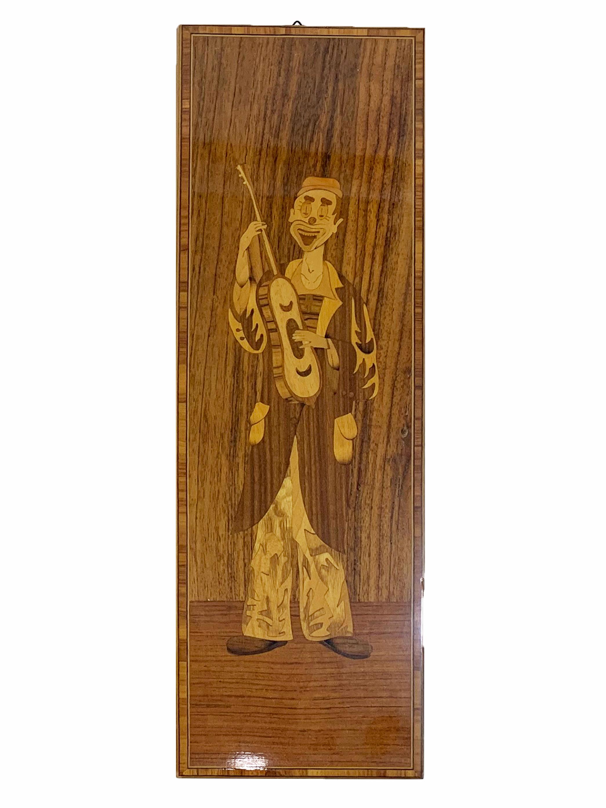 Bois Set 2 of 3 Vintage Italian Marquetry Wood Inlay Musician Clowns Panels Stamped  en vente