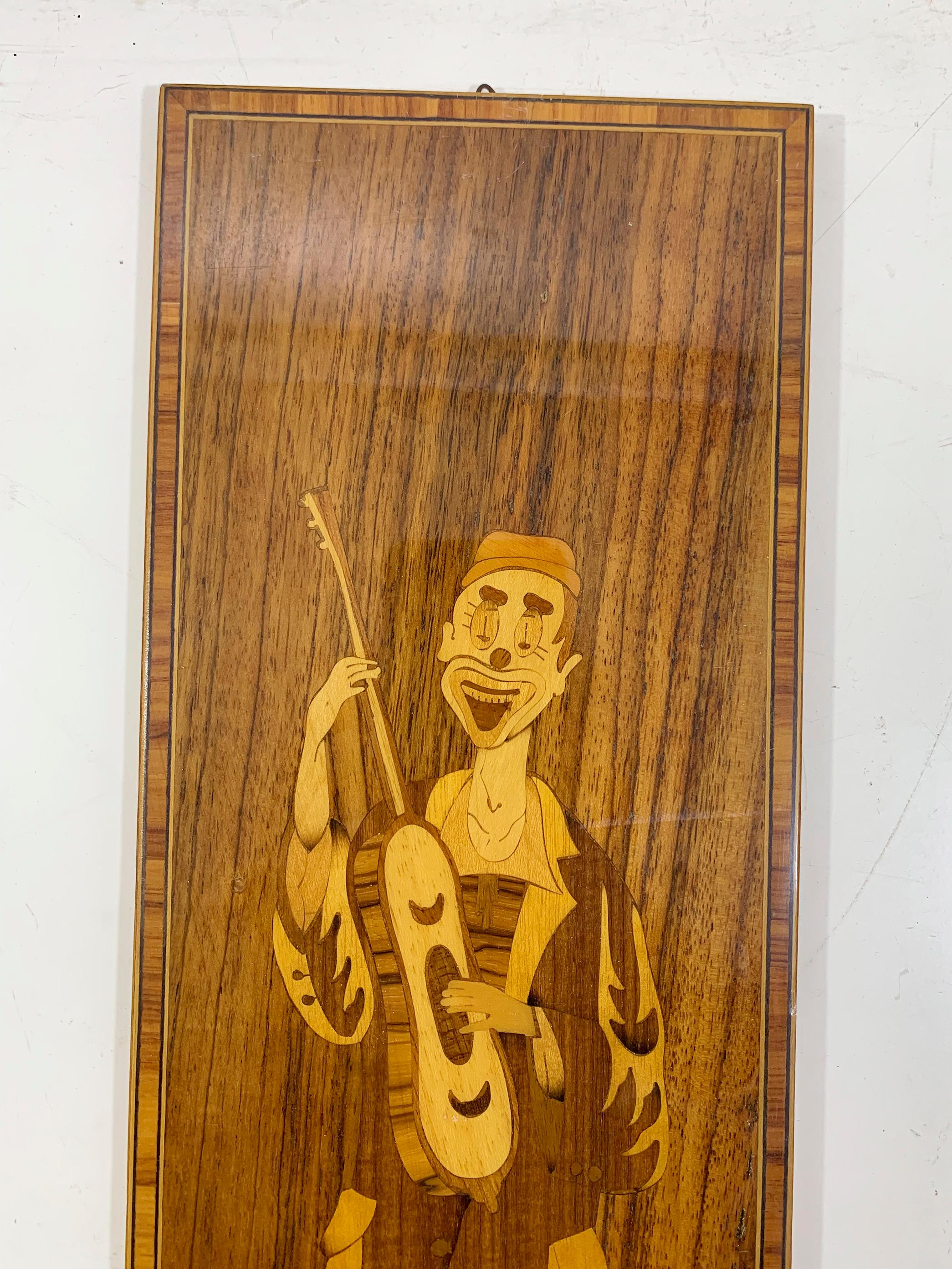 Set 2 of 3 Vintage Italian Marquetry Wood Inlay Musician Clowns Panels Stamped  en vente 1