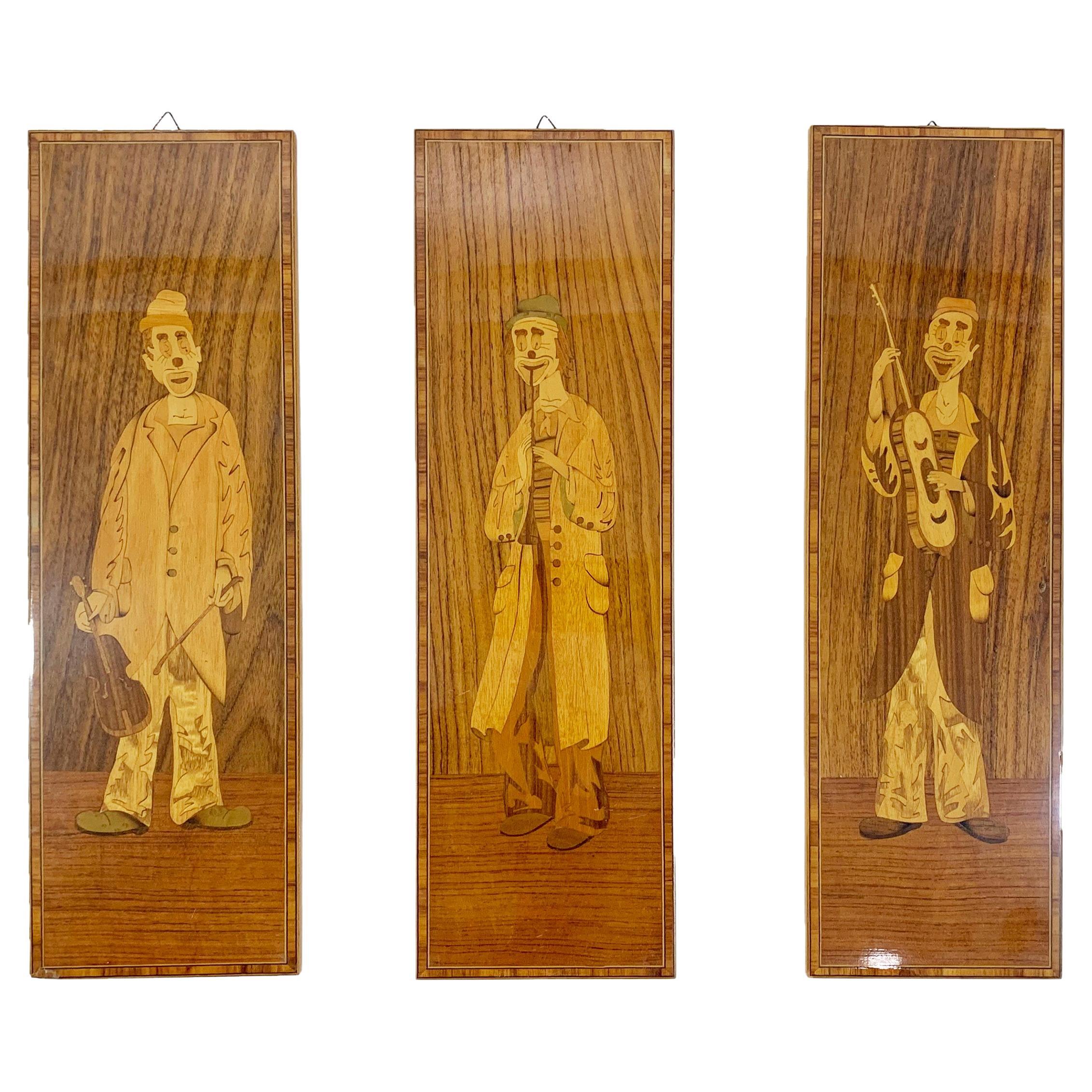Set 2 of 3 Vintage Italian Marquetry Wood Inlay Musician Clowns Panels Stamped For Sale