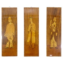 Set 2 of 3 Retro Italian Marquetry Wood Inlay Musician Clowns Panels Stamped 