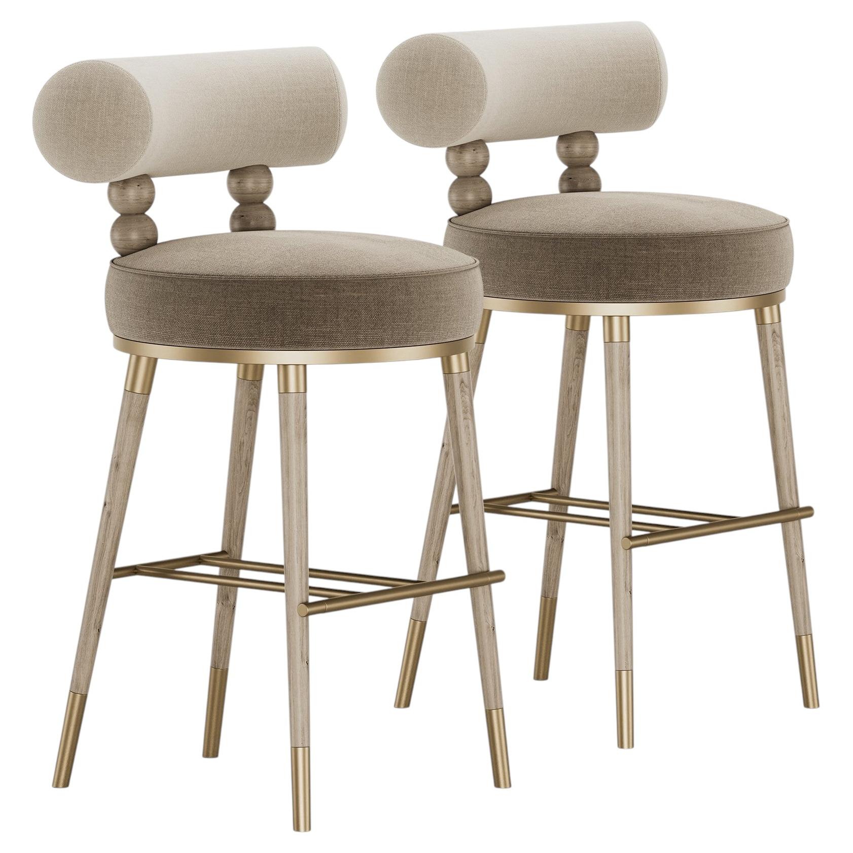 Set 2 of Mid-Century Aretha Bar Stool in Chenille & Light Oak by Mavo Atelier For Sale