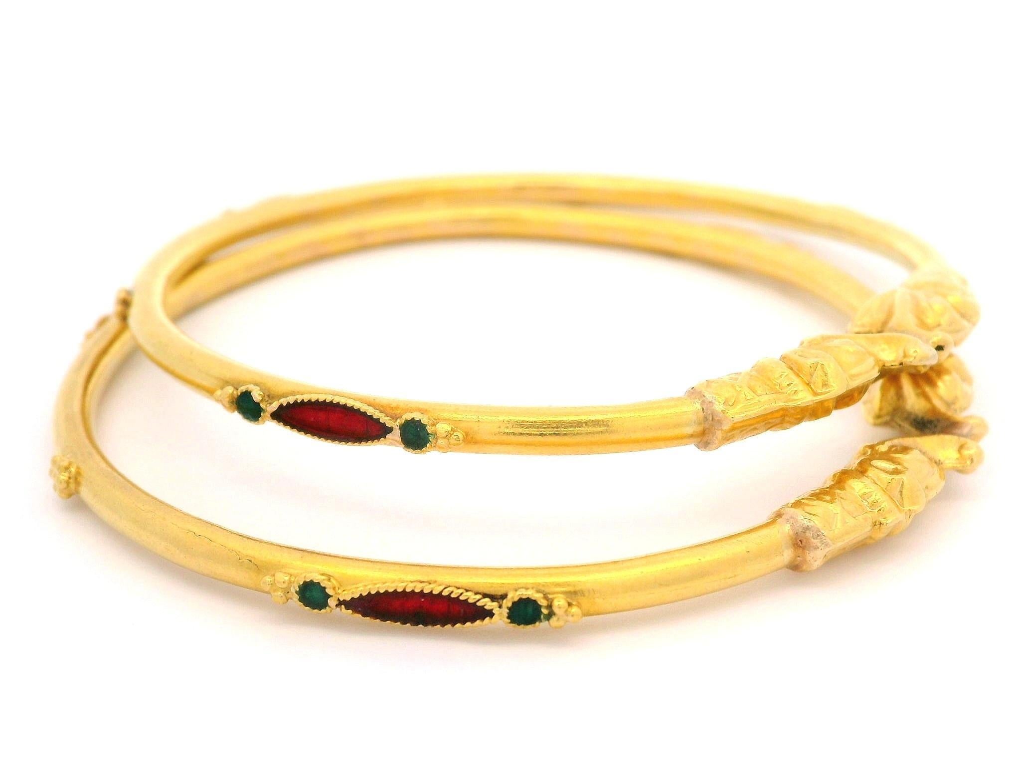 Ensemble de 2 paires de bracelets jonc vintage en or jaune 21 carats émaillé à motif animal Pour femmes en vente