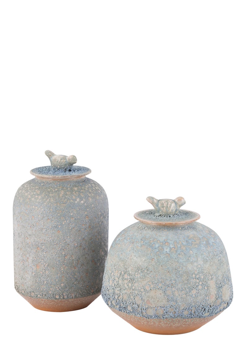 Portuguese Set/2 Porcelain Pots, Yang Pots, Light Blue, by Lusitanus Home For Sale