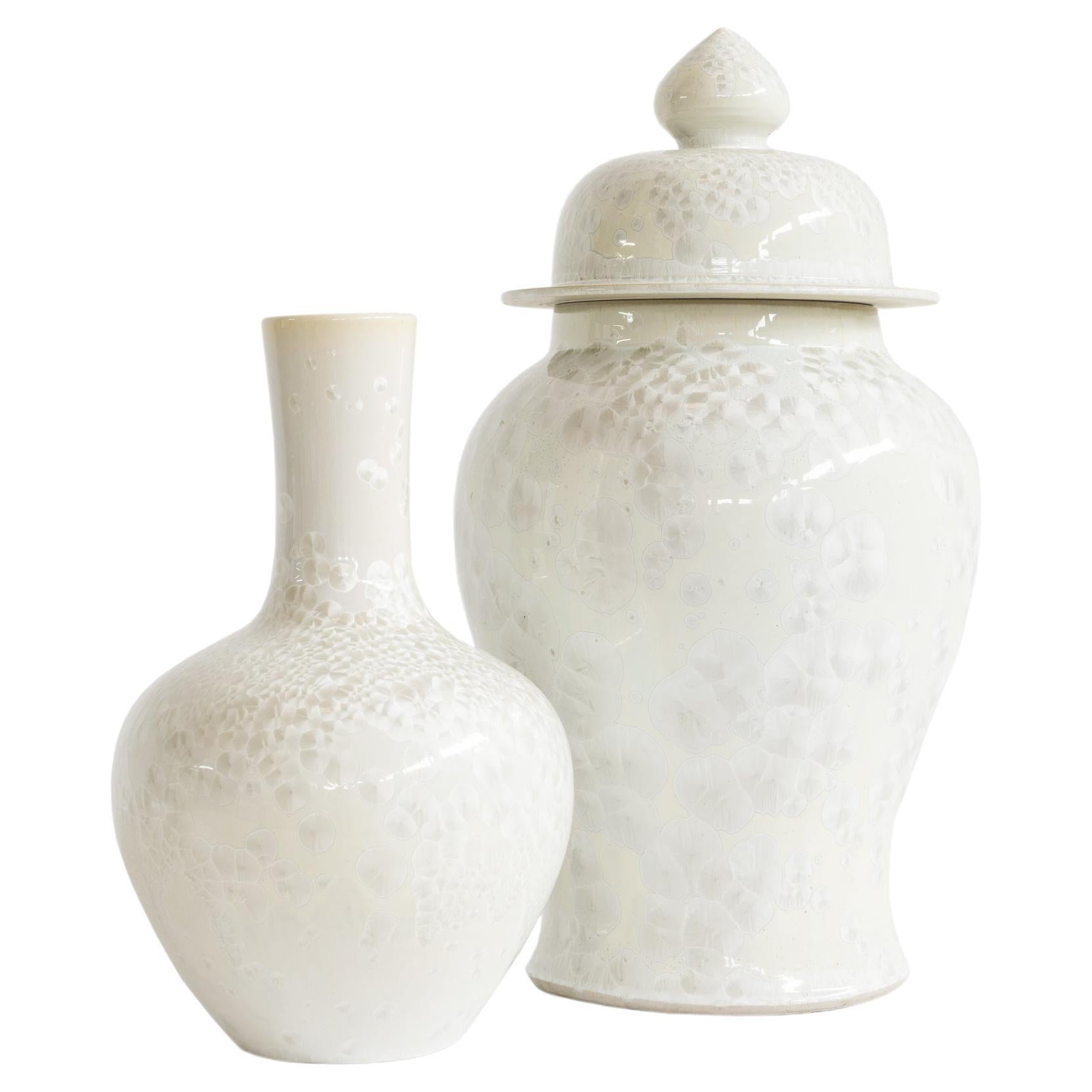 Set/2 Porcelain Vase & Pot, White, Handmolded & Hand Decorated