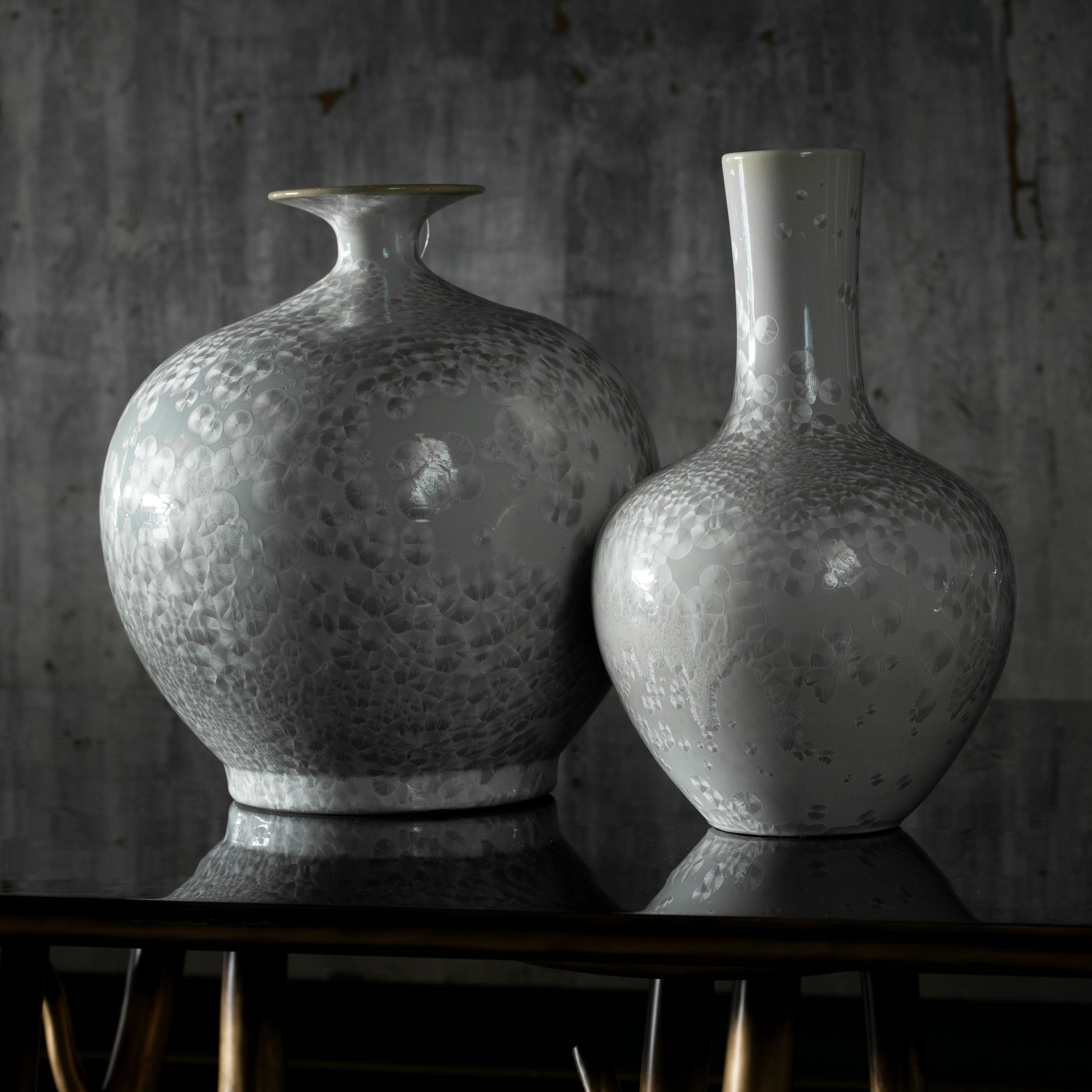 Modern Set/2 Porcelain Vases, Tang Vases, White, Handmolded & Hand Decorated For Sale