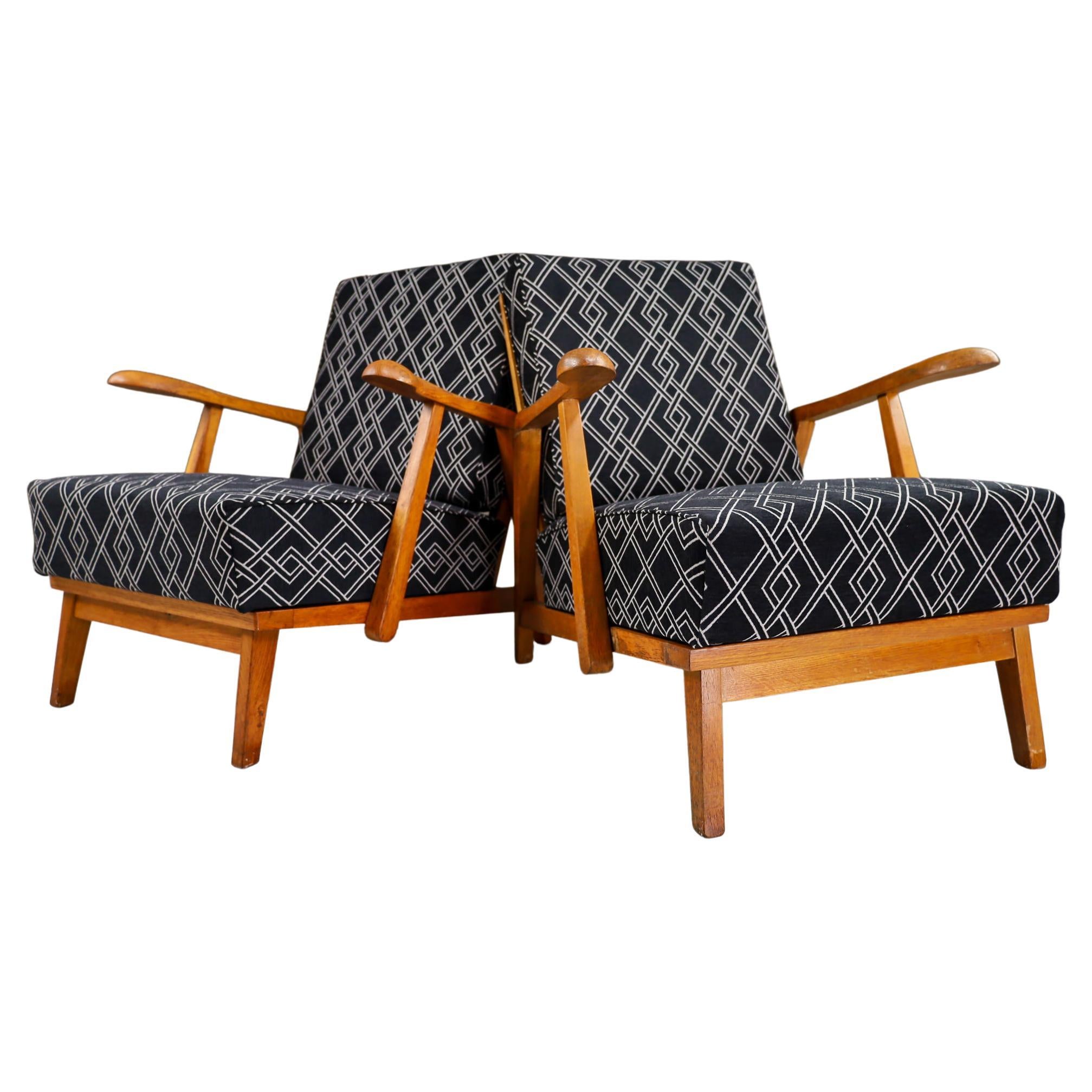 Set/2 Sculptural Armchairs in Oak and Reupholstered Fabric, France, 1950s