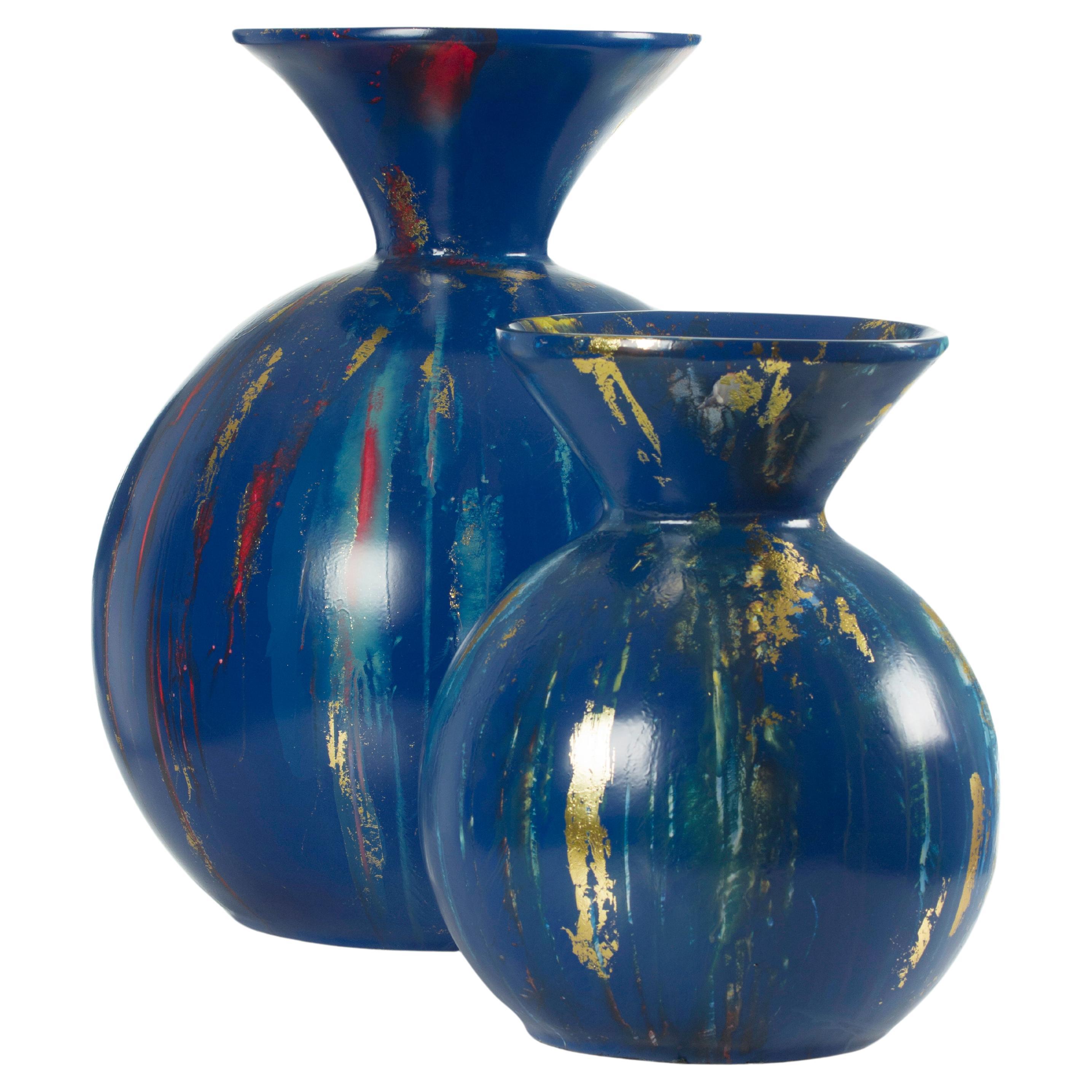 Set/2 Vases Navy Blue, Gold Leaf Handmade in Portugal by Lusitanus Home