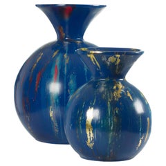 Ensemble de 2 vases bleu marine, feuille d'or fabriqués à la main au Portugal par Lusitanus Home
