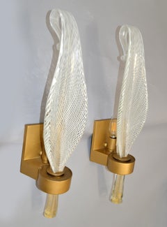 Set 2 Venini Blown Clear & Gold Infused Leaf Murano Glass Sconces Bronze Italy