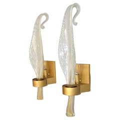 Set 2 Venini Blown Clear & Gold Infused Leaf Murano Glass Sconces Bronze Italy 