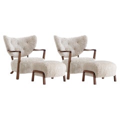 Set 2 Wulff ATD2 Lounge Chair & 2 Pouf ATD3, Sheepskin Moonlight & Walnut for &T