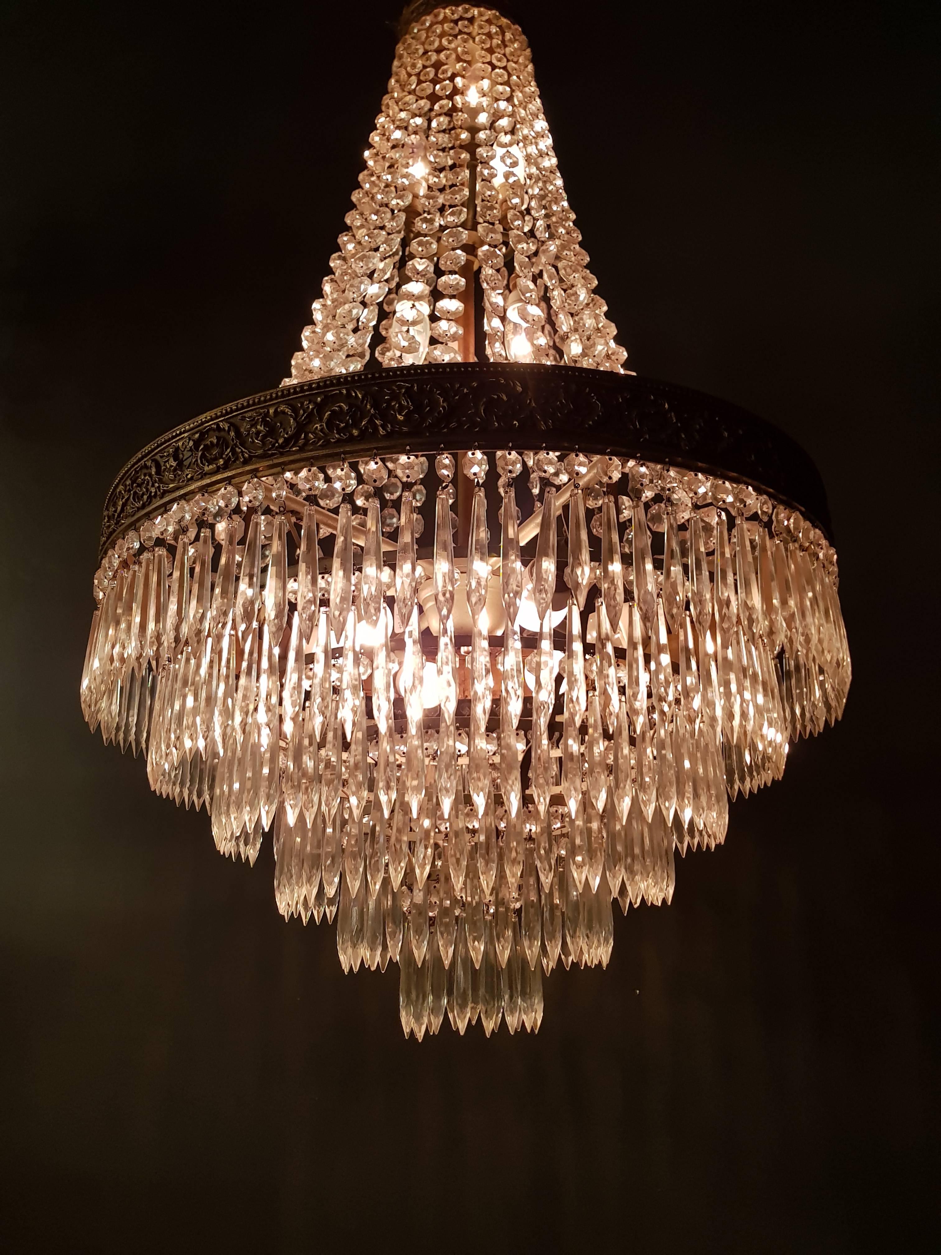 European Empire Set 2x 'Sac a Perle' Pair of Crystal Chandelier Lustre Brass Ceiling Lamp