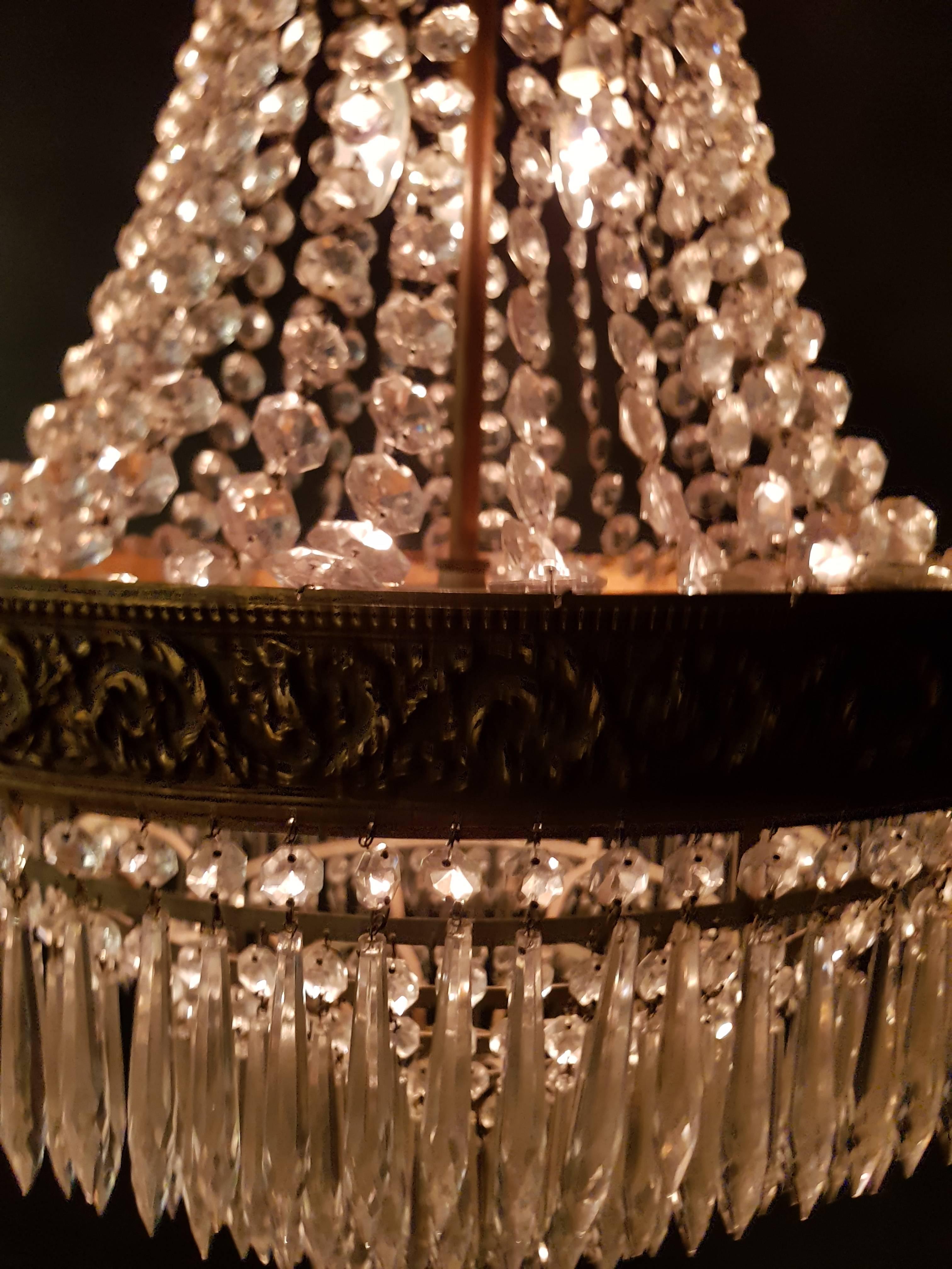 Hand-Knotted Empire Set 2x 'Sac a Perle' Pair of Crystal Chandelier Lustre Brass Ceiling Lamp