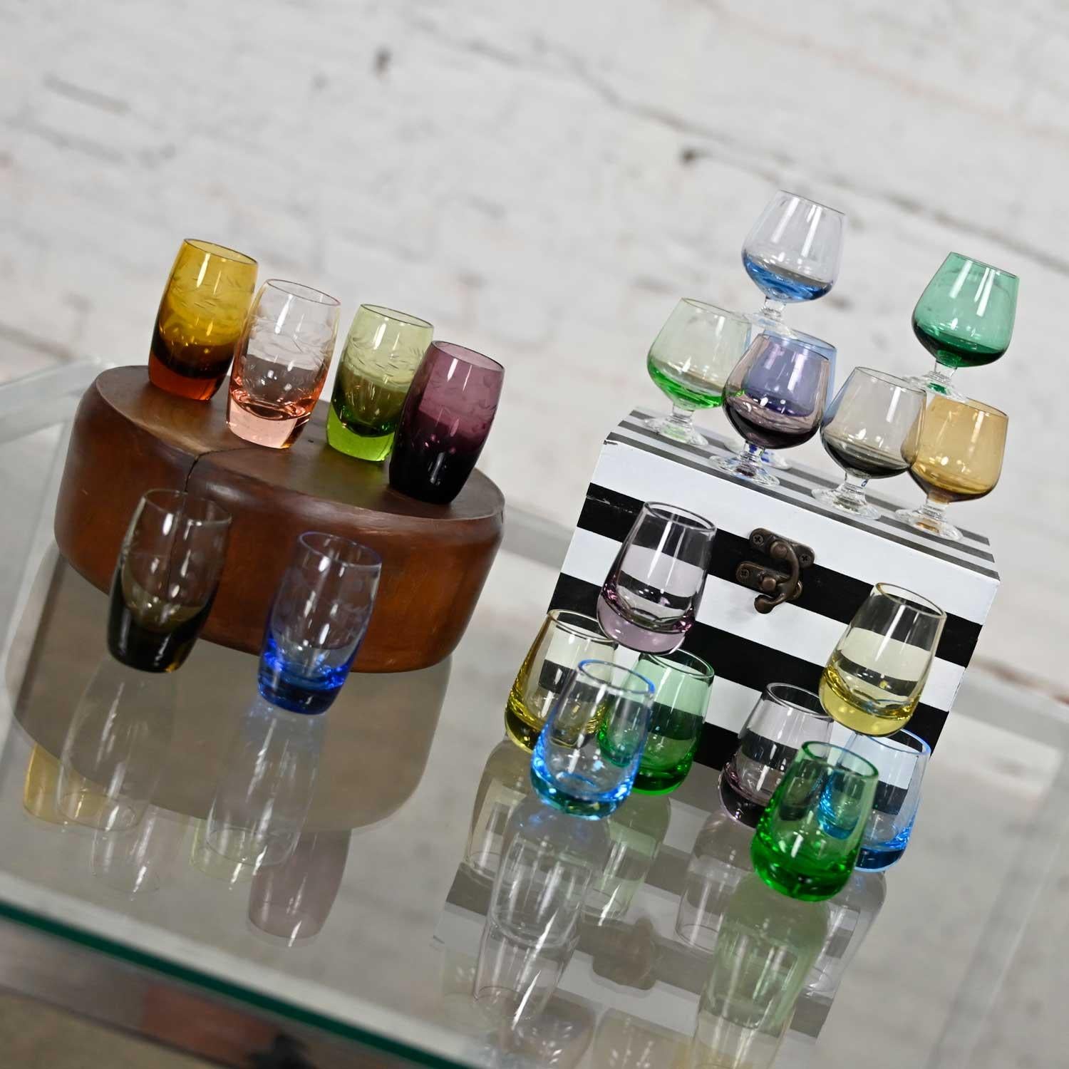 Set 21 Blown Glass Multi Color Small Cocktail Snifters Cordials or Shot Glasses For Sale 8