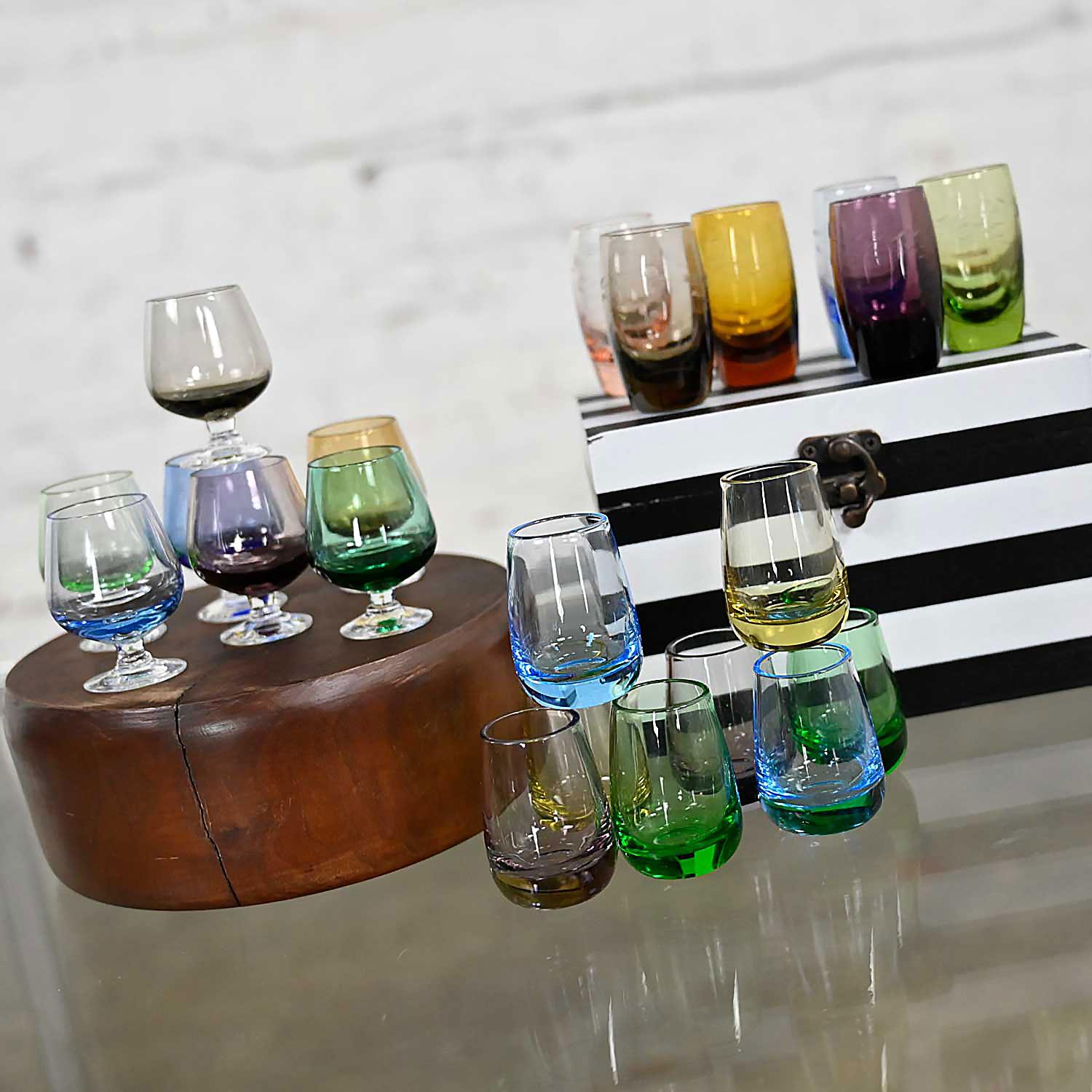 Set 21 Blown Glass Multi Color Small Cocktail Snifters Cordials or Shot Glasses For Sale 9