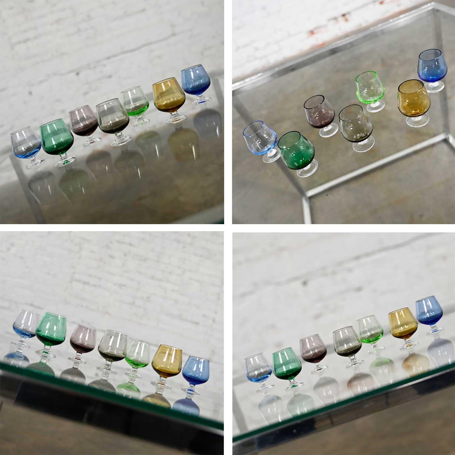 Set 21 Blown Glass Multi Color Small Cocktail Snifters Cordials or Shot Glasses In Good Condition For Sale In Topeka, KS