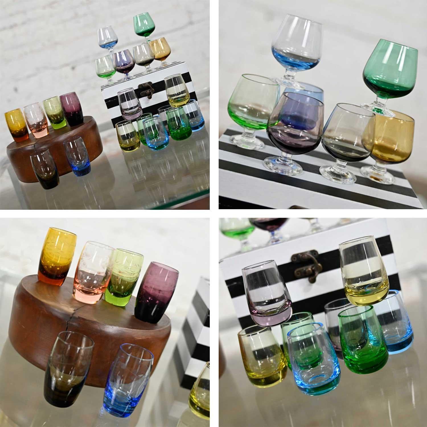 Set 21 Blown Glass Multi Color Small Cocktail Snifters Cordials or Shot Glasses For Sale 2