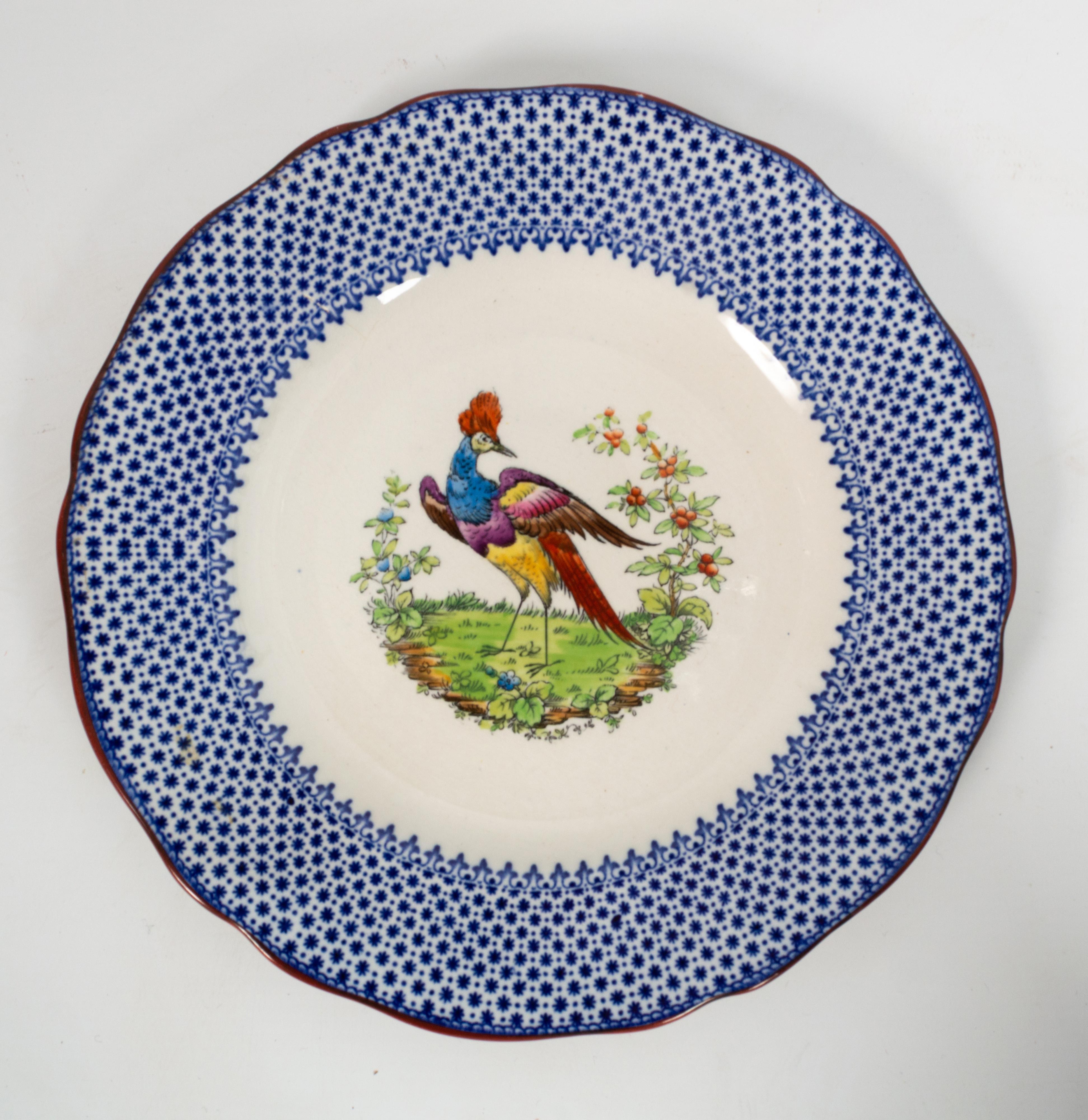 Porcelain Set 3 Antique English Copeland Spode Chelsea Fantasy Bird Plates, circa 1910 For Sale