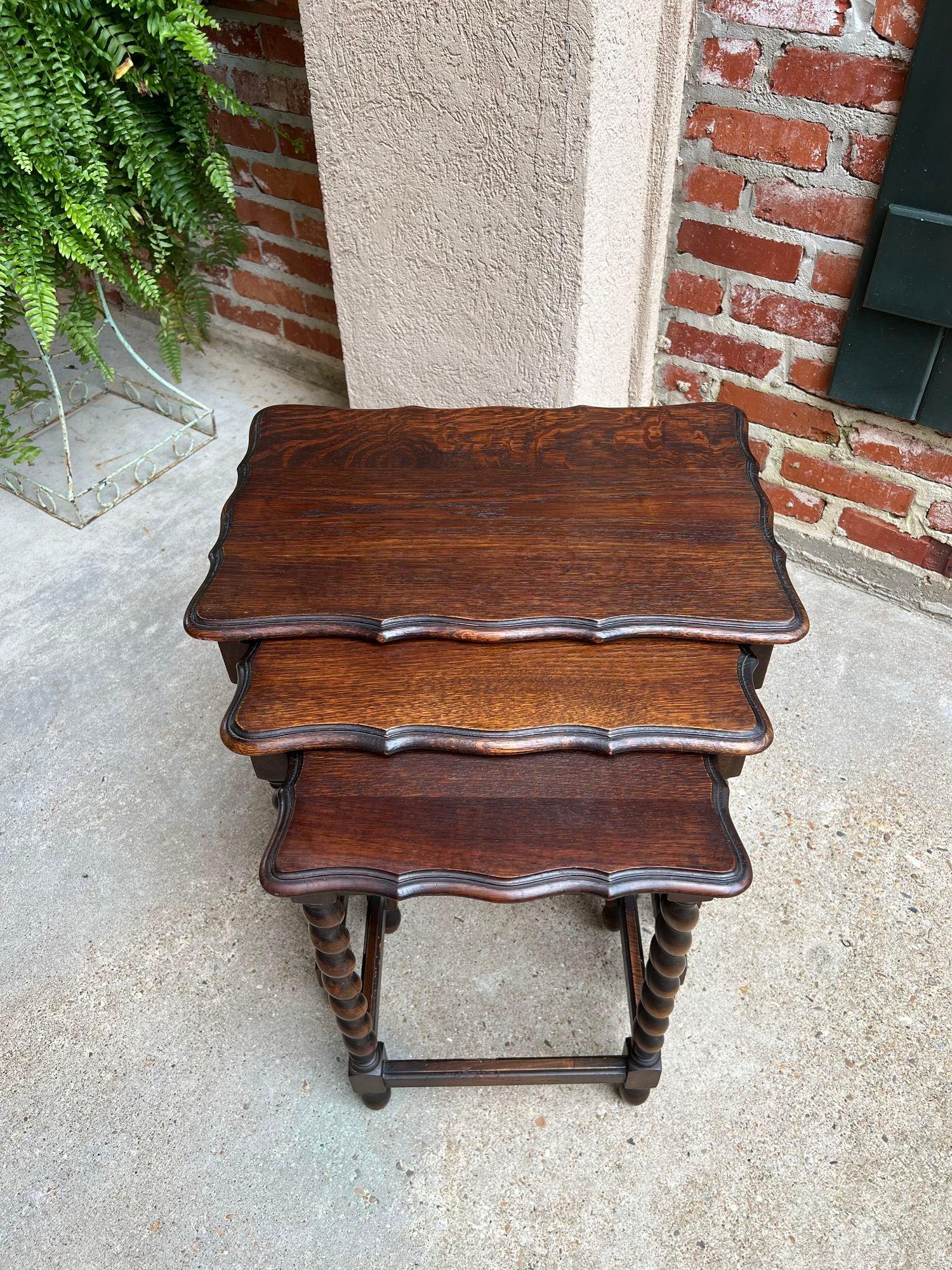 Set 3 Antique English Nesting Table End Sofa Table Barley Twist Tiger Dark Oak.

Direct from England, a complete set of 3 antique English nesting tables! With their fabulous style, size and versatility, these sets are one of THE most popular items