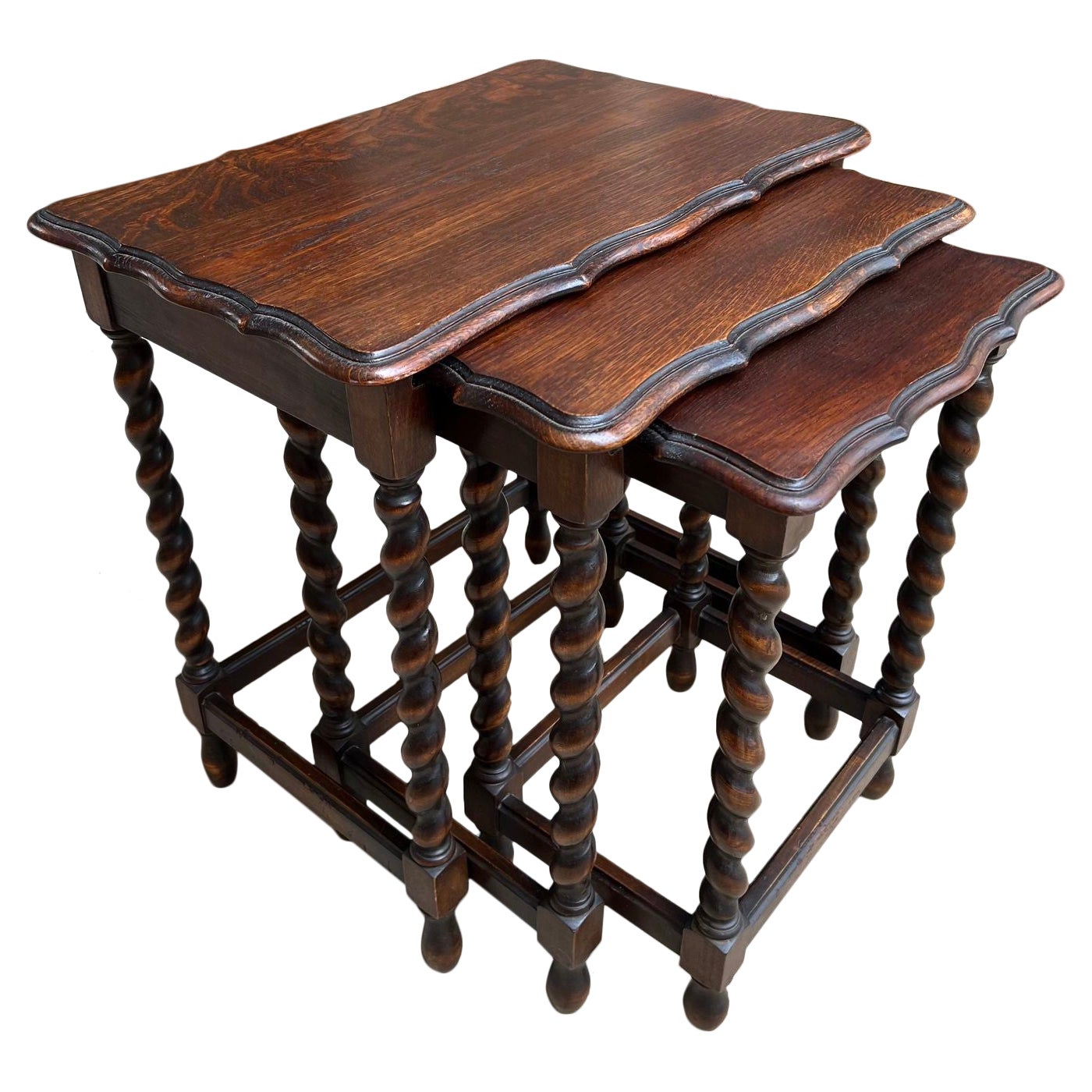 Set 3 Antique English Nesting Table End Sofa Table Barley Twist Tiger Dark Oak