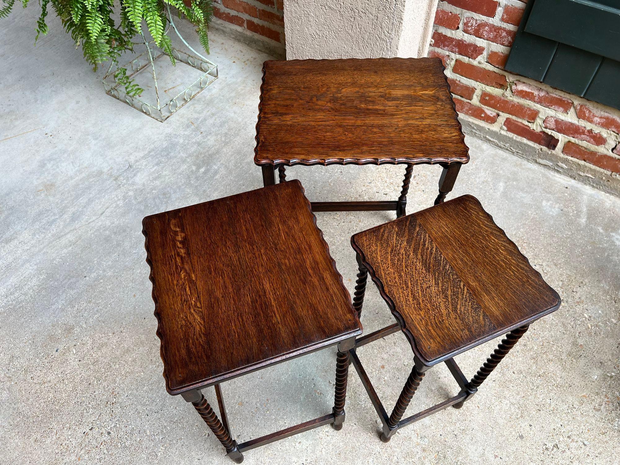 Set 3 Antique English Nesting Table End Sofa Table Barley Twist Tiger Oak Petite 3