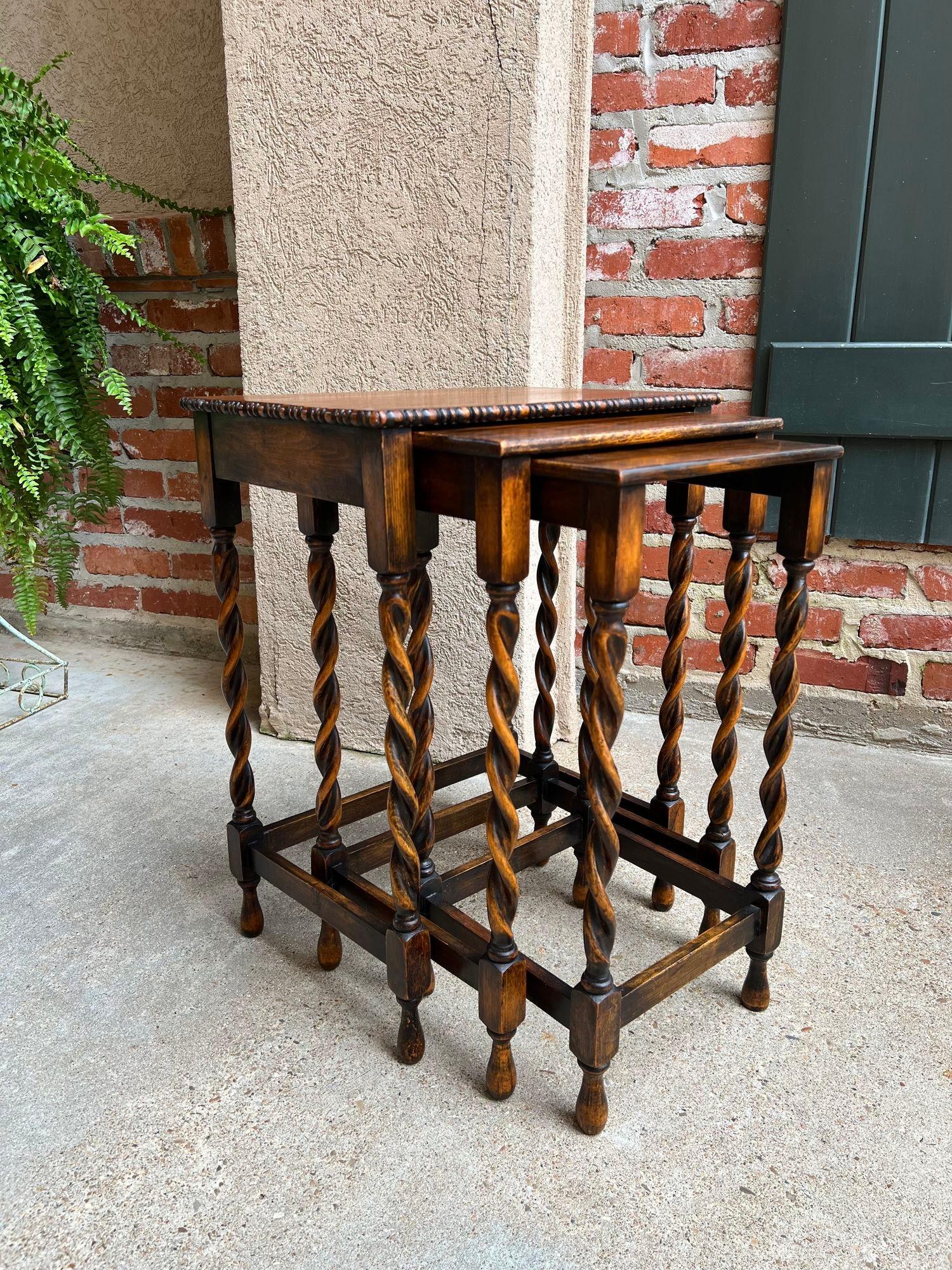 Set 3 Antique English Nesting Table End Sofa Table Barley Twist Tiger Oak Petite Size.

Direct from England, a complete set of 3 antique English nesting tables! With their fabulous style, size and versatility, these sets are one of THE most