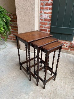 Set 3 Antique English Nesting Table End Sofa Table Barley Twist Tiger Oak Petite