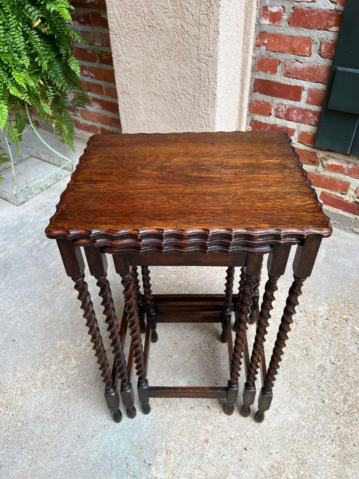 British Set 3 Antique English Nesting Table End Sofa Table Barley Twist Tiger Oak Petite