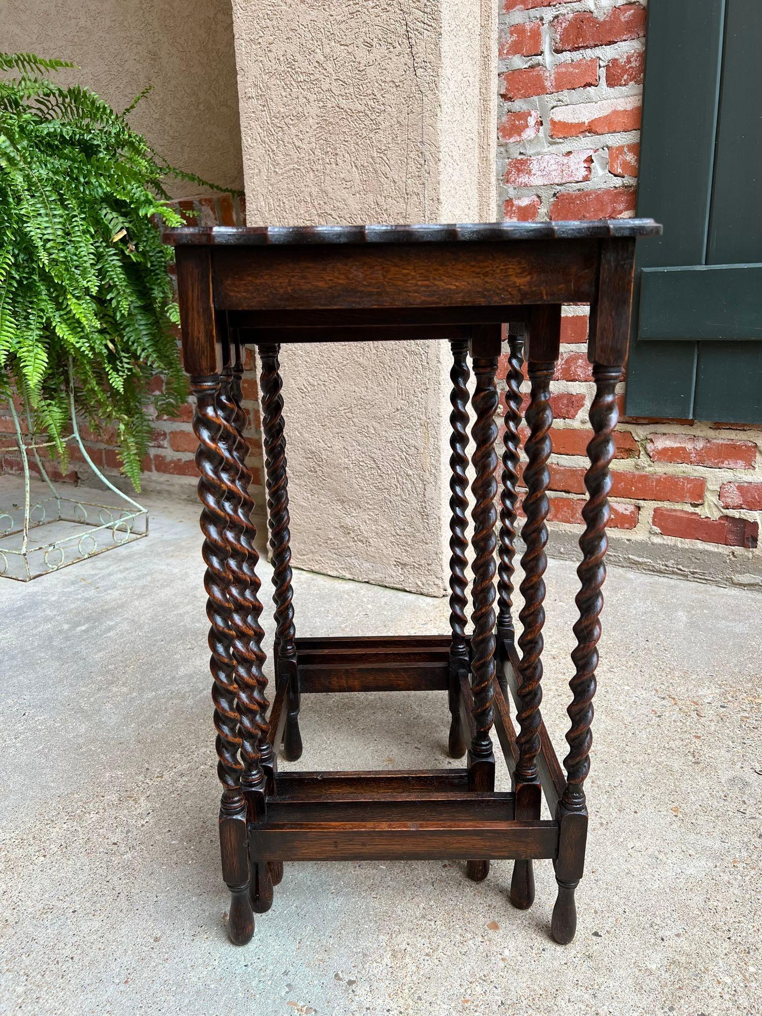 Early 20th Century Set 3 Antique English Nesting Table End Sofa Table Barley Twist Tiger Oak Petite