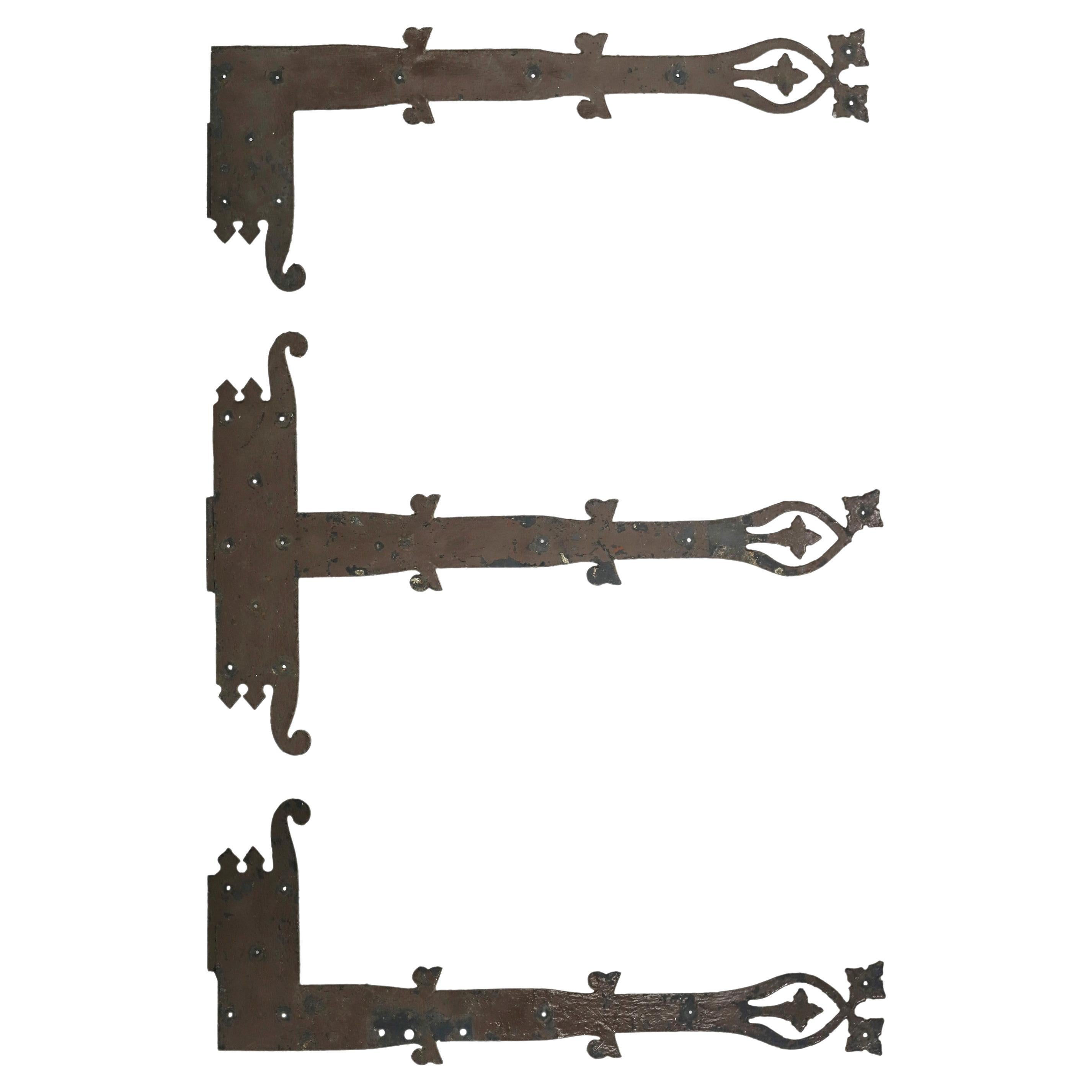 Set 3 Antique Floral Hammered Iron Door Strap Hinges