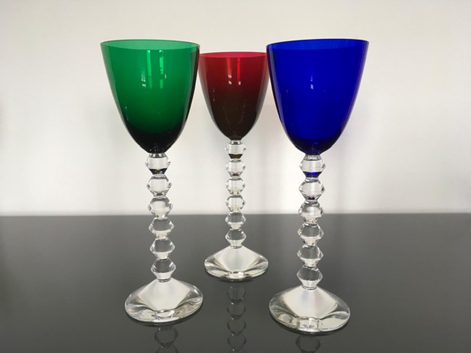 French Set 3 Baccarat Crystal Glasses in Red Blue Cobalt and Green For Sale