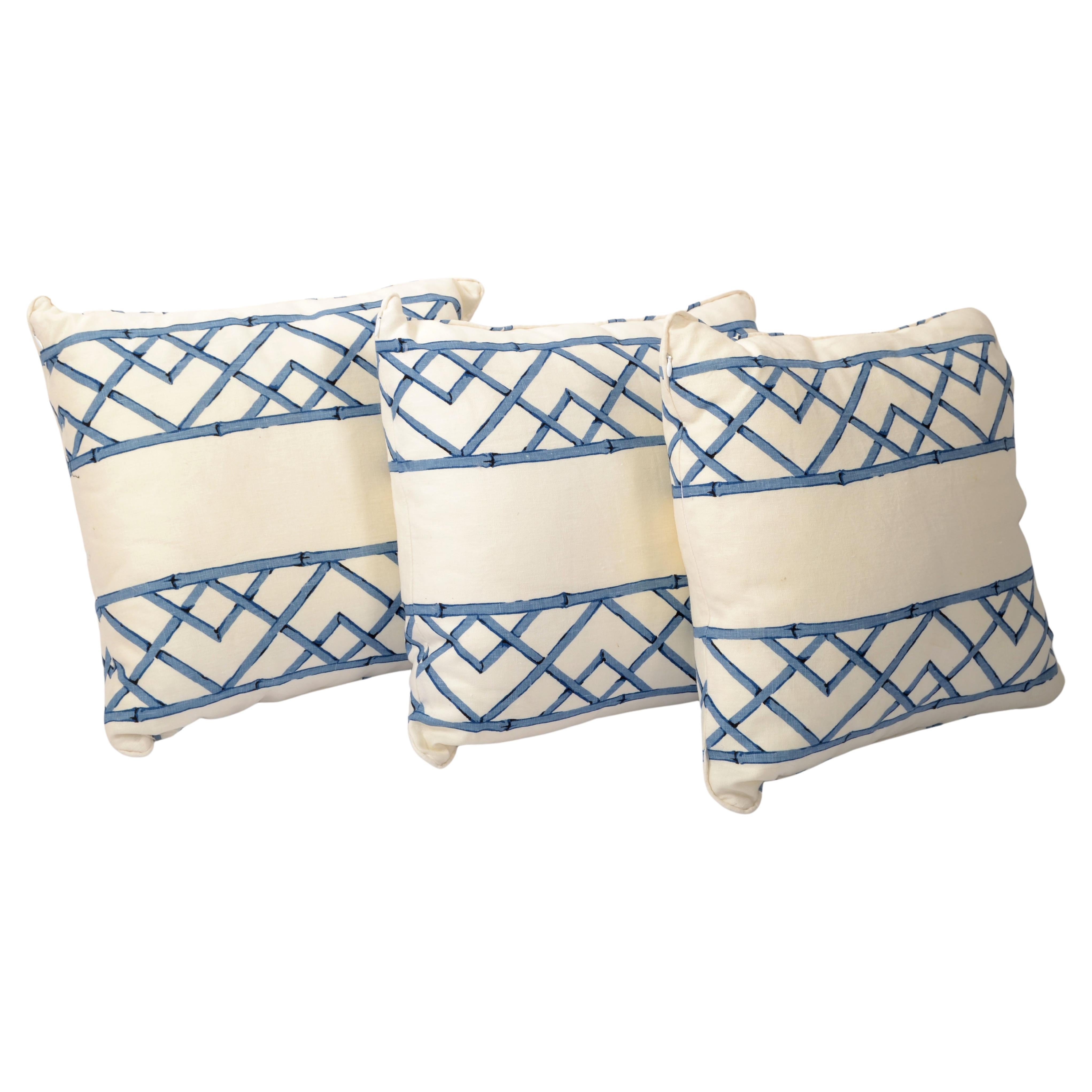 Set 3 Blue Bamboo Textured Linen Fabric Down-Filled Pillow Mid-Century Modern