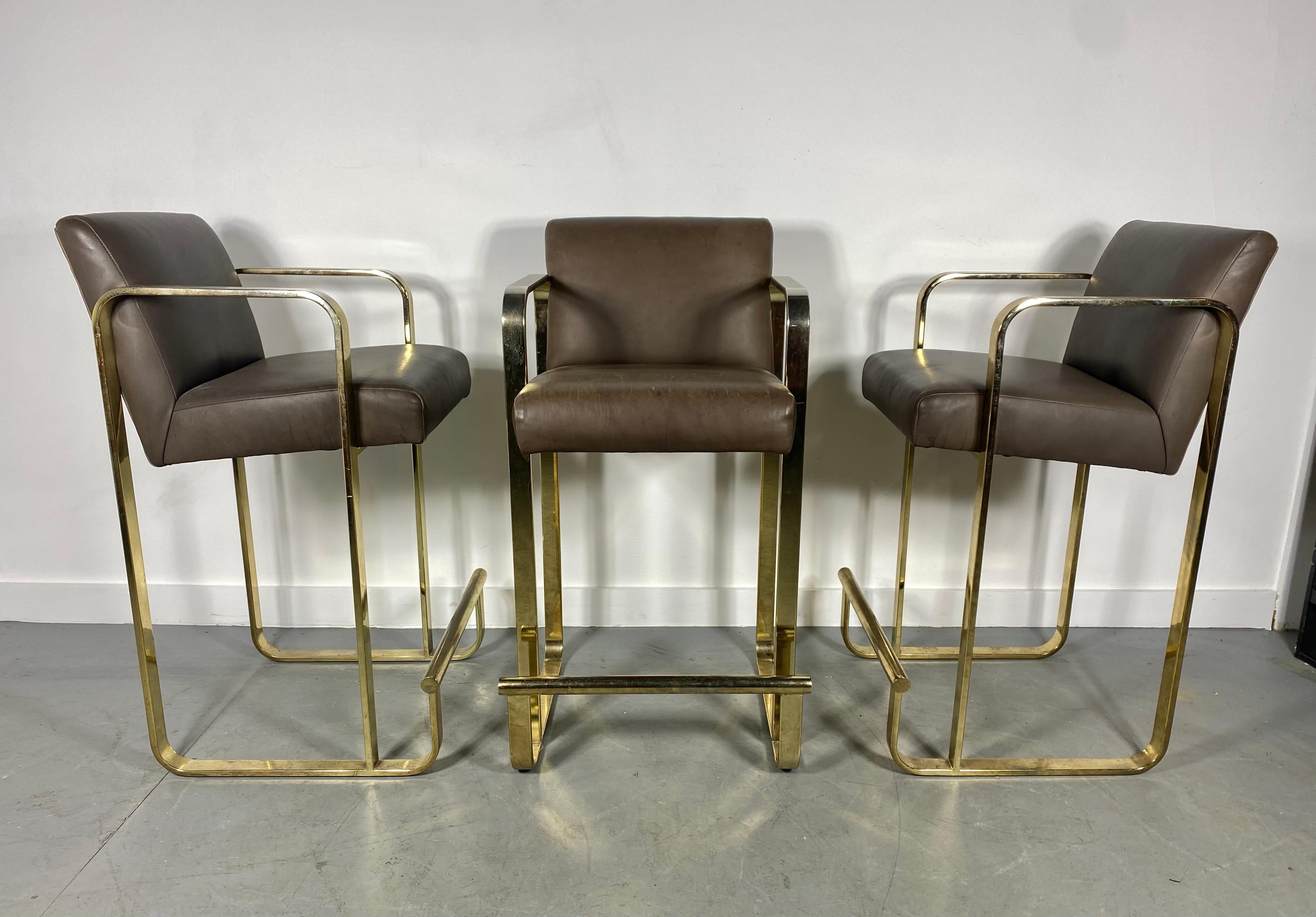 Set 3 Brass and Leather Bar / Counter Stools attributed to Shelby Williams For Sale 3