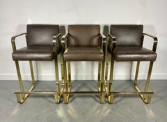Set 3 Brass and Leather Bar / Counter Stools attributed to Shelby Williams