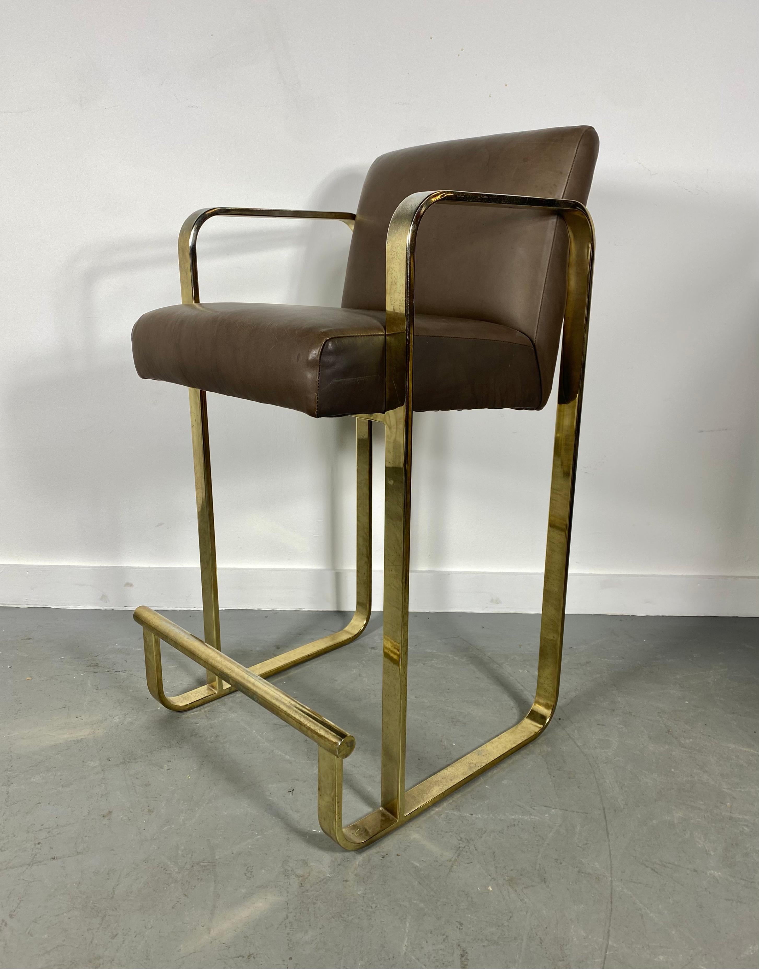 Plated Set 3 Brass and Leather Bar / Counter Stools attributed to Shelby Williams For Sale