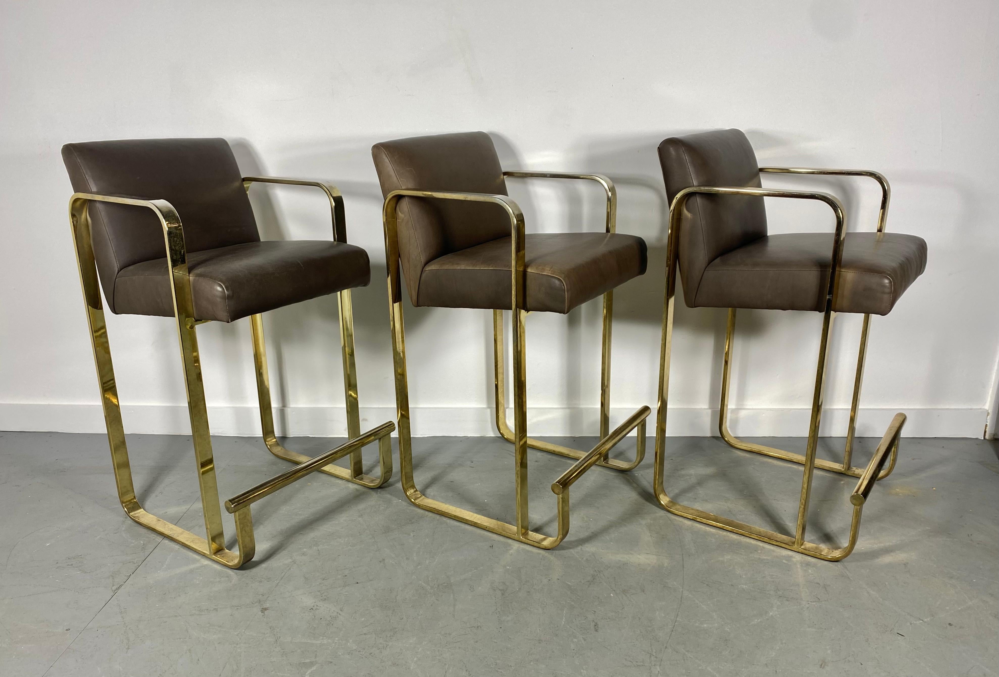 Set 3 Brass and Leather Bar / Counter Stools attributed to Shelby Williams For Sale 1