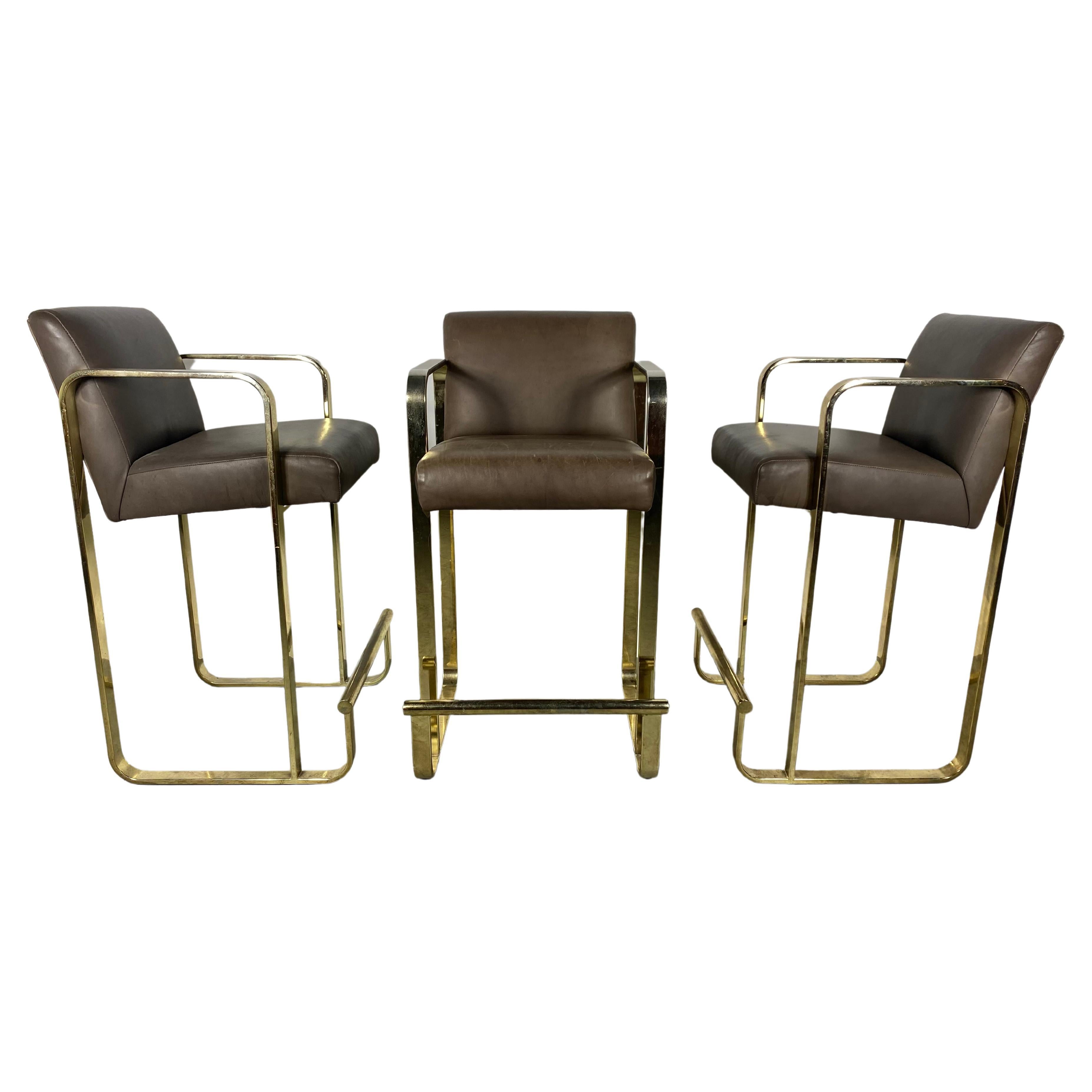 Set 3 Brass and Leather Bar / Counter Stools attributed to Shelby Williams For Sale