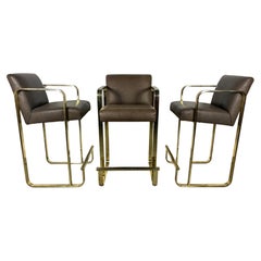 Used Set 3 Brass and Leather Bar / Counter Stools attributed to Shelby Williams