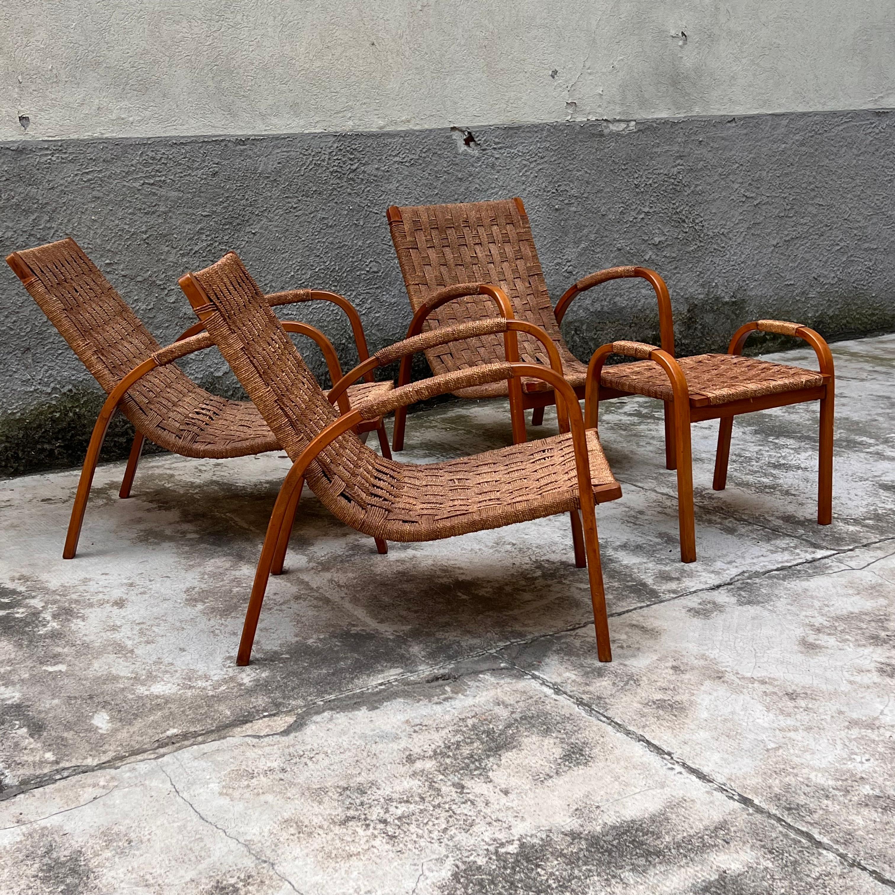 Mid-Century Modern Set 3 Chaise Lounge and 1 Stool/Pouff - G. Pagano Pogatschnig - italy 1940s For Sale
