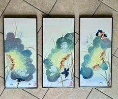 Set 3 Chinese Watercolor Paintings Kingfishers & Lotus Flowers, Framed