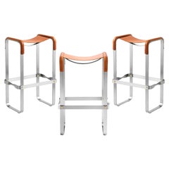 Set 3 sgabelli da bar classici contemporanei in metallo anticato e pelle naturale tabacco