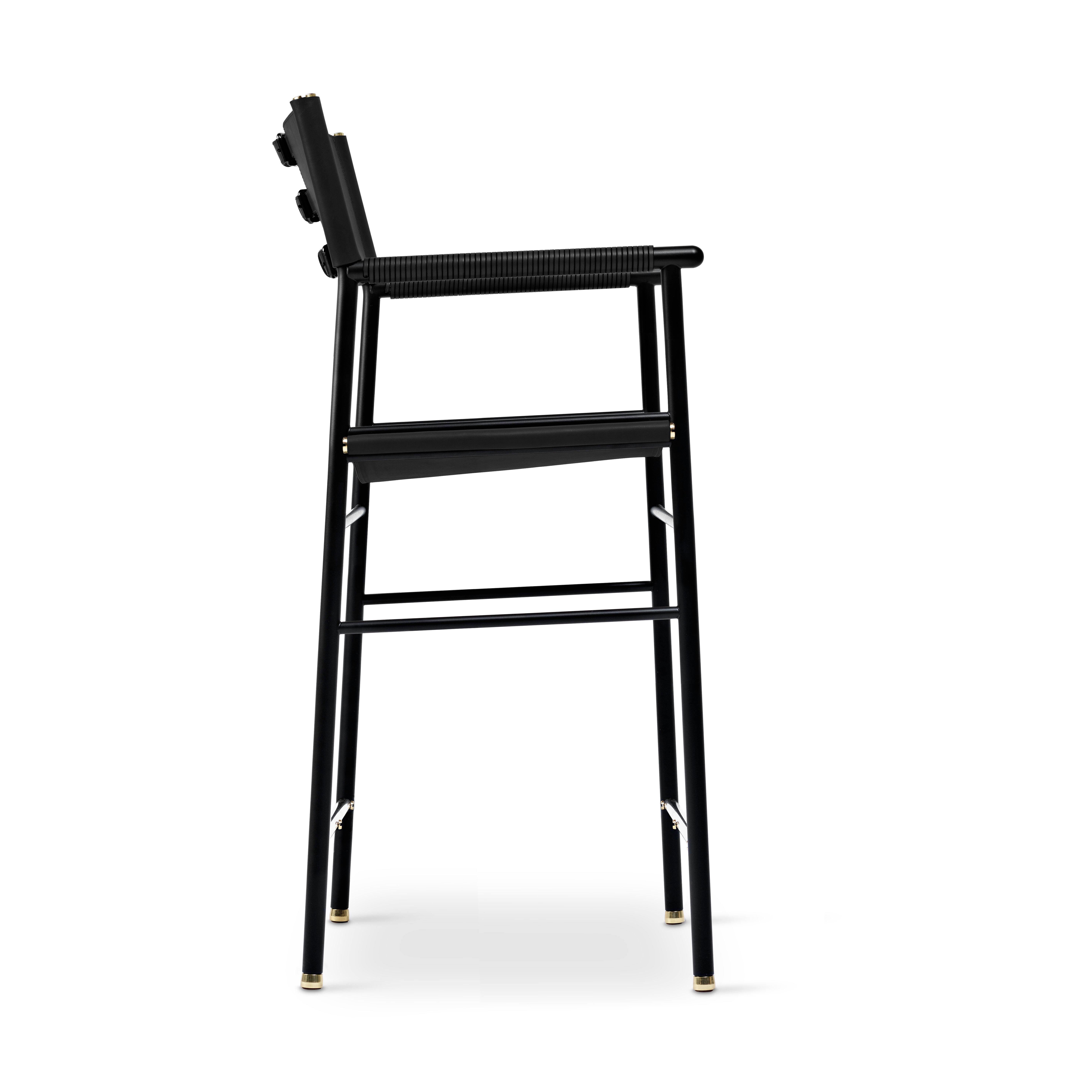Set 3 Counter Height Stool w. Backrest Black Leather & Black Rubber Metal Sample In Good Condition For Sale In Alcoy, Alicante