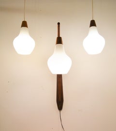 Set of 3 Danish Teak and White Teardrop Glass Swag and Wall Mount Pendant Lights