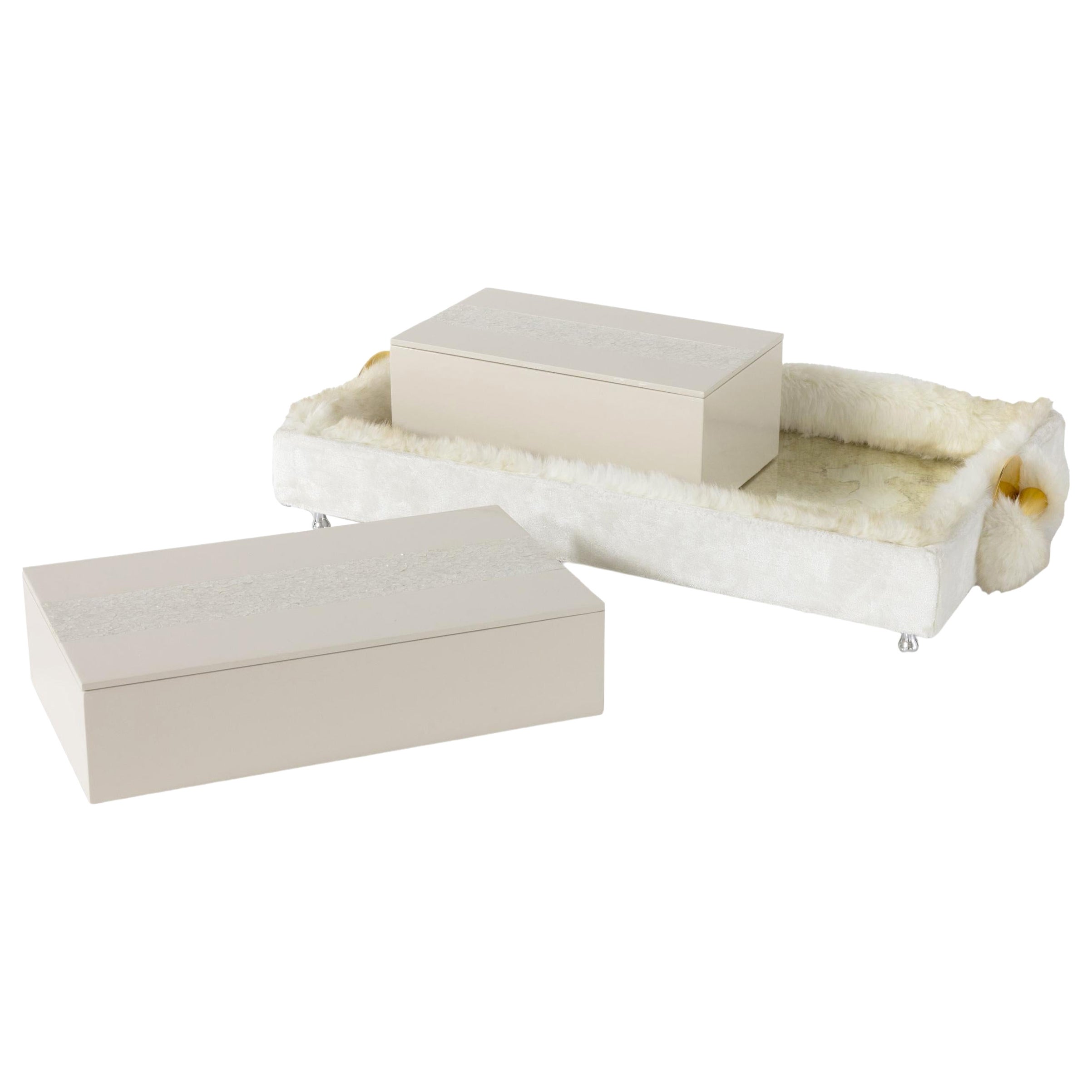 Set/3 scatole decorative e vassoio, crema, fatti a mano in Portogallo da Lusitanus Home